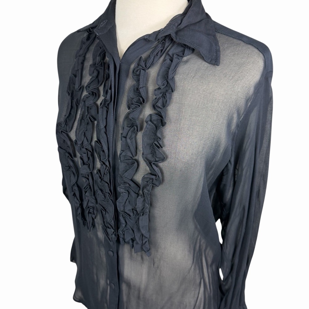 Vintage Betsey Johnson 90s Black Sheer Lace Ruffle Dress Shirt Blouse Top Sz M/L